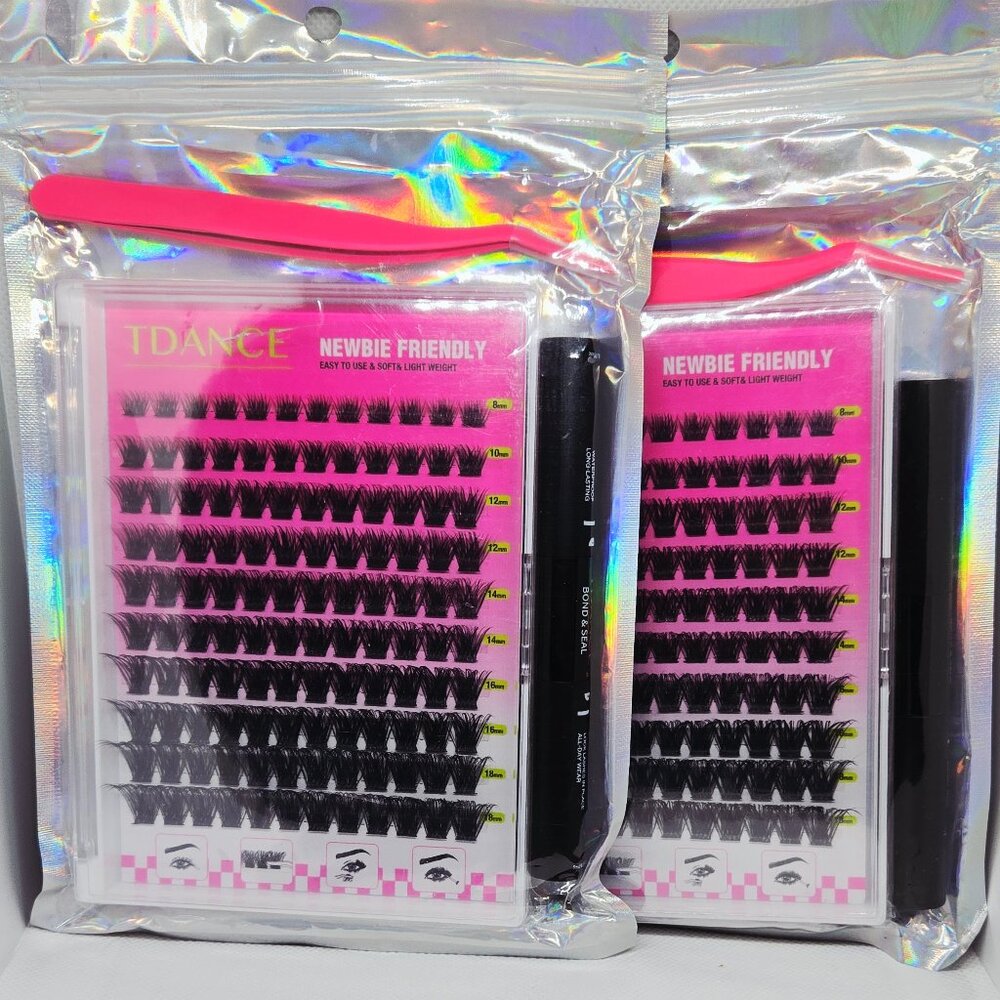 New (2) Sets TDance Newbie Friendly 8-18MM False Eyelashes Kit Bond & Applicator